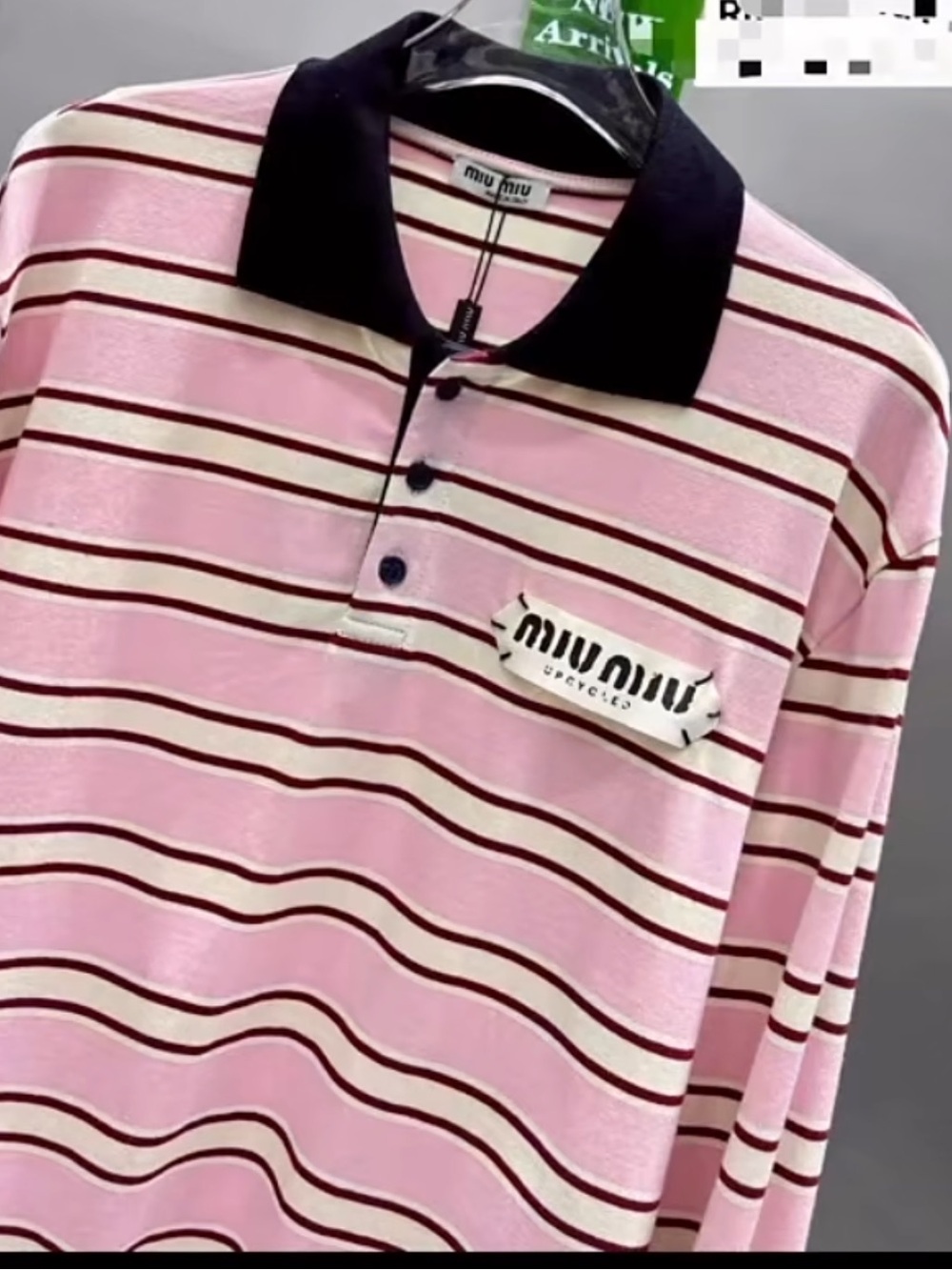 Miu Miu Pink Striped Polo Top with Black Collar